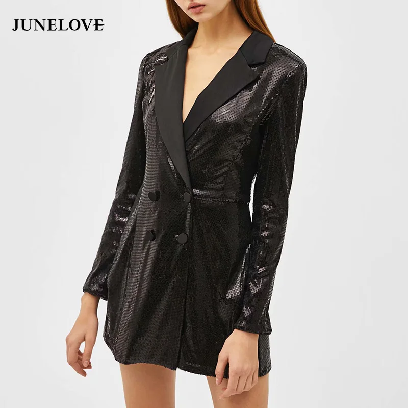 

JuneLove Women Long Sleeve Sequined Blazers Playsuits Vintage Office Lady Loose Patchwork Playsuits Casual Retro Female Rompers