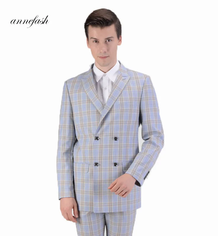 

2018 New style Tailor-made high quality 150's wool sky blue windowpane check Suit Men double breast wedding suit