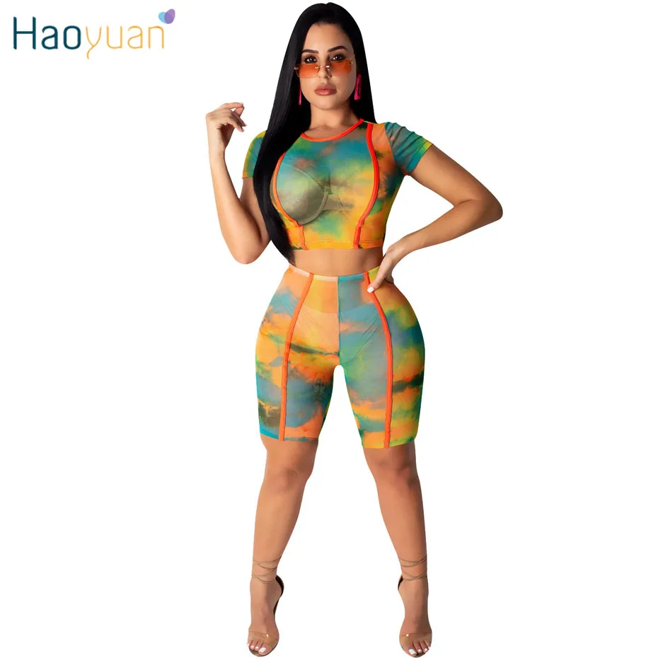 

HAOYUAN Tie Dye Sexy 2 Piece Outfits for Women Tracksuit Summer Crop Top and Biker Shorts Mesh Sheer Sexy Club Two Piece Set