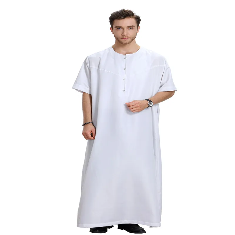 

Men Muslim Islamic Kaftan Saudi Arabia Solid Color O Neck Short Sleeve Fashion Jubba Thobe Dubai Middle East Robes Ramadan Eid