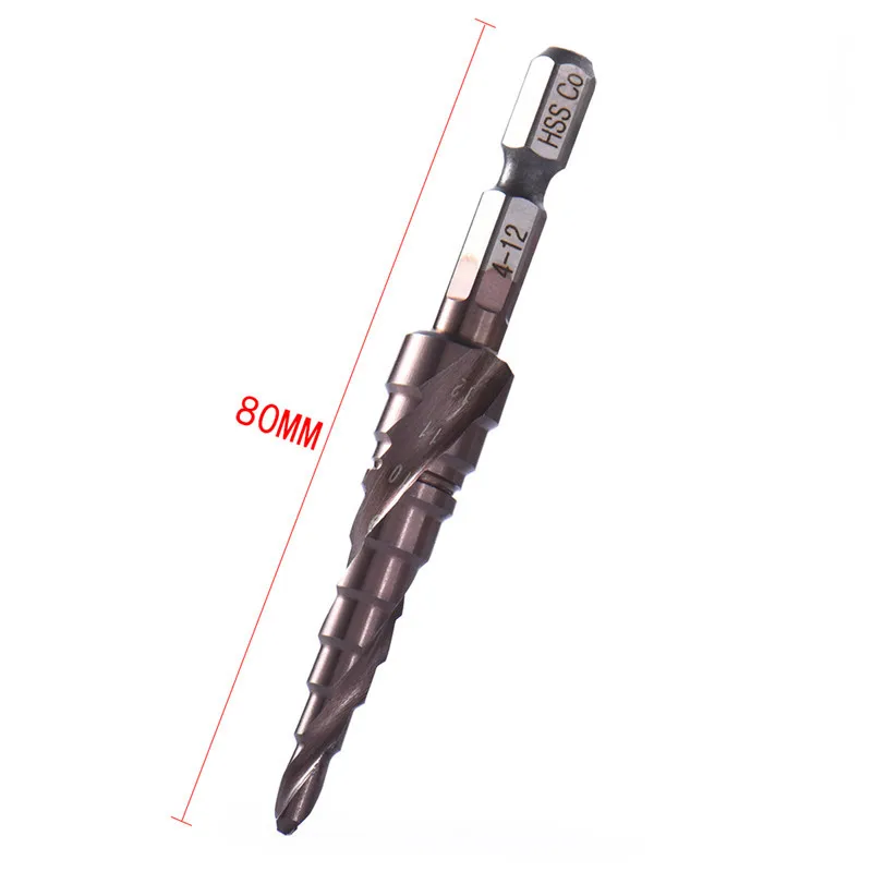 HSS Co Cobalt Spiral Grooved Step Drill Bits 1/4" Hex Shank Wood Metal