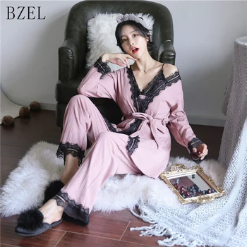 

BZEL Autumn Winter Pajamas Sets With Belt Sexy Lace Sleepwear V-neck Nightwear Casual Home Wear 3 Three Piece Set Female Pyjamas