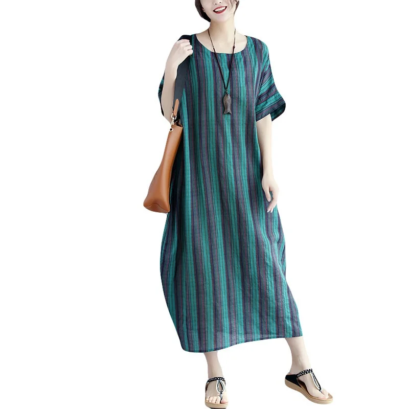 Женское летнее платье в полоску, винтажное женское платье большого размера в стиле ретро, хлопковое льняное зеленое красное платье макси в китайском стиле TA1656 - Цвет: 1