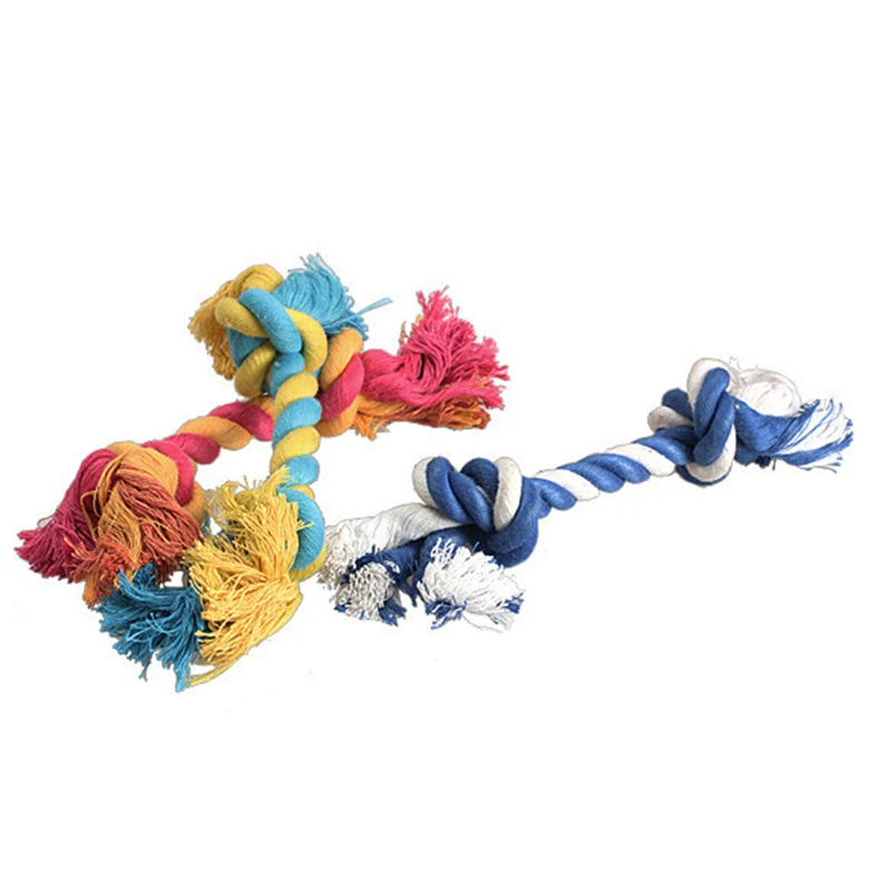 Braided cotton knot chew toy in three different color schemes