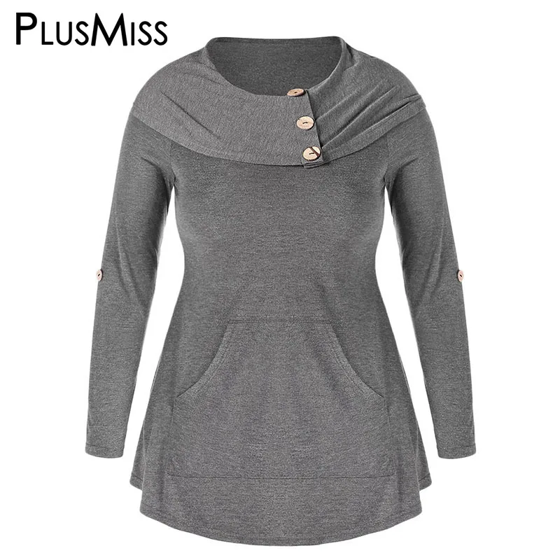 PlusMiss плюс размер 5XL кенгуру карман пуговица Футболки XXXXL XXXL XXL женские большие