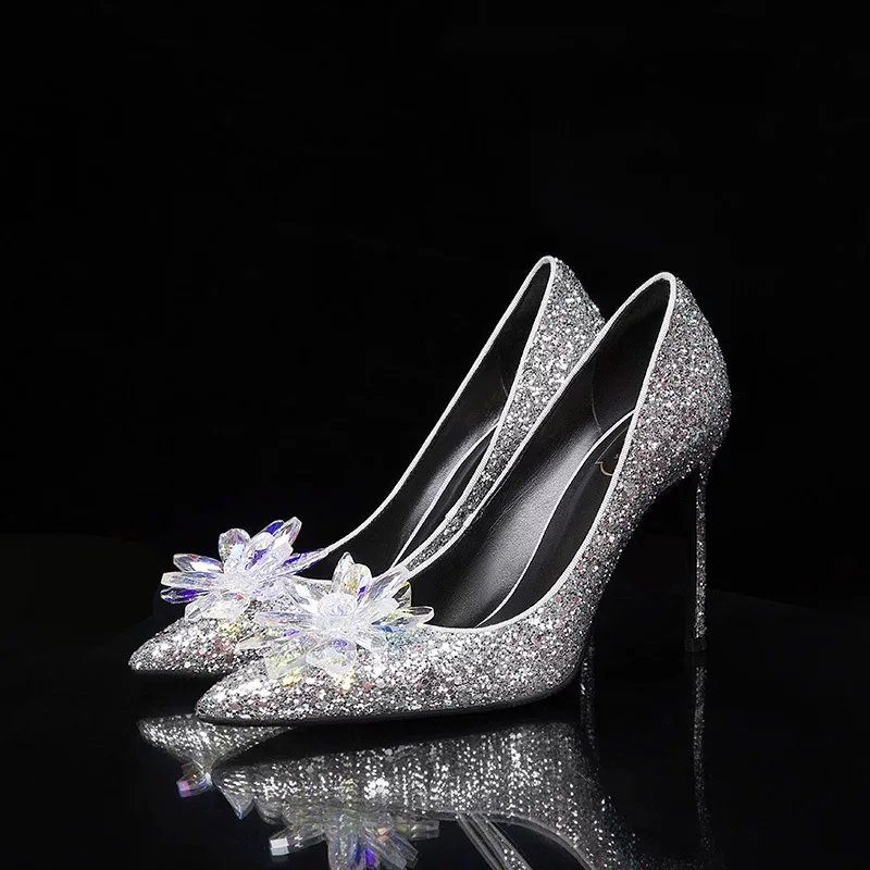 

2018 new rhinestone high for cinderella shoes women pumpus pointed toe woman crystal wedding High-heeled shoes big size 9 cm