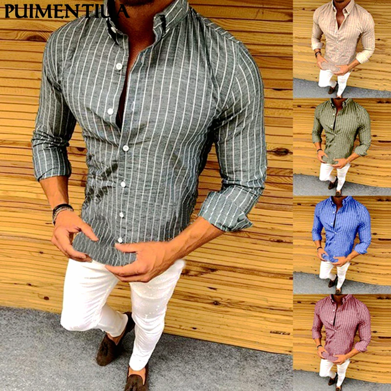 

Puimentiua Men's Fashion Striped Single Breasted Shirts Long Sleeve Tee Casual Shirt Spring Autumn Slim Handsome Shirt Tops