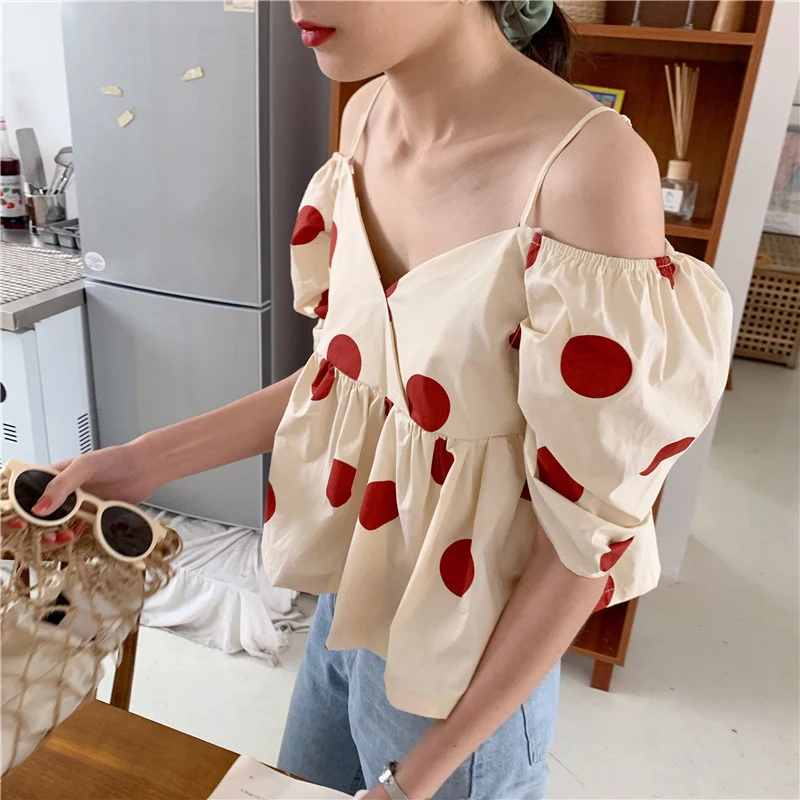 

Straps V Neck Puff Sleeve Big Dots Blouse Short Kawaii Sexy Girl Shirt Women Top Chemise Femme Chemisier Blusa Mujer Camisa
