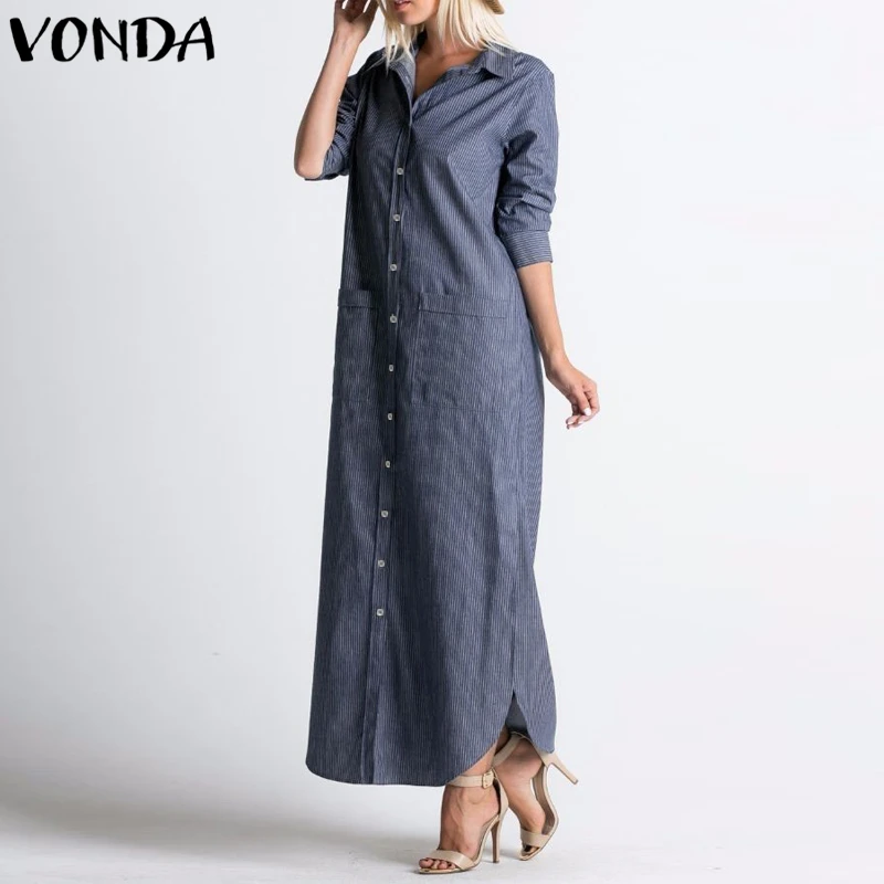 VONDA, женское длинное платье макси, осень, сексуальное, v-образный вырез, длинный рукав, в полоску, на пуговицах, с разрезом, асимметричное, повседневное, свободное, Vestidos размера плюс