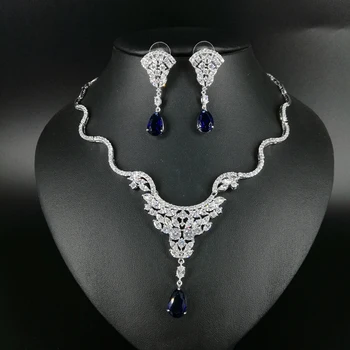 

2019 NEW fashion exquisite blue cubic zircon necklace earring set golden,wedding bride banquet dress dinner popular jewelry set