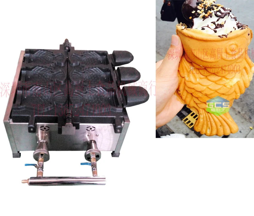 Gas type 3 pcs Open Mouth Taiyaki Machine Ice cream taiyaki maker Fish Waffle machine