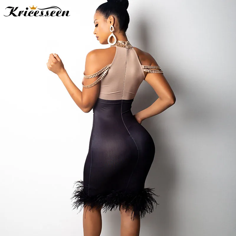 Kricesseen, сексуальное женское платье с перьями, стоячим воротником, с цветным блоком, в стиле пэчворк, без рукавов, с блестками, облегающее, вечерние, миди платье, Vestidos