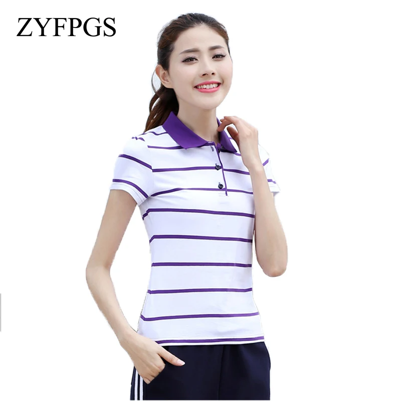 

ZYFPGS 2018 Women's Polo Shirts Stripe Short Sleeve Collar Polo The Woman Self-cultivation Fashion Elegant temperame Z0519