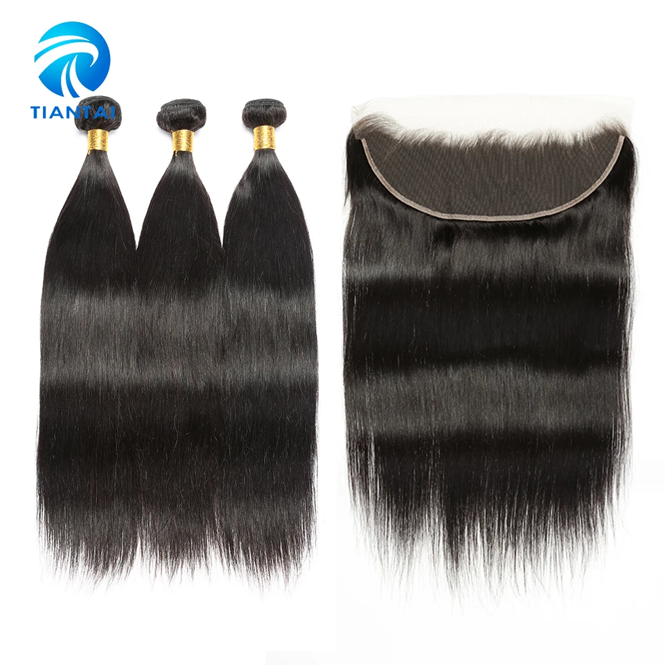 Straight Hair Weave Remy Hair 3 Bundles With Frontal Peruvian Human Hair Extensions With Frontal Natural Color