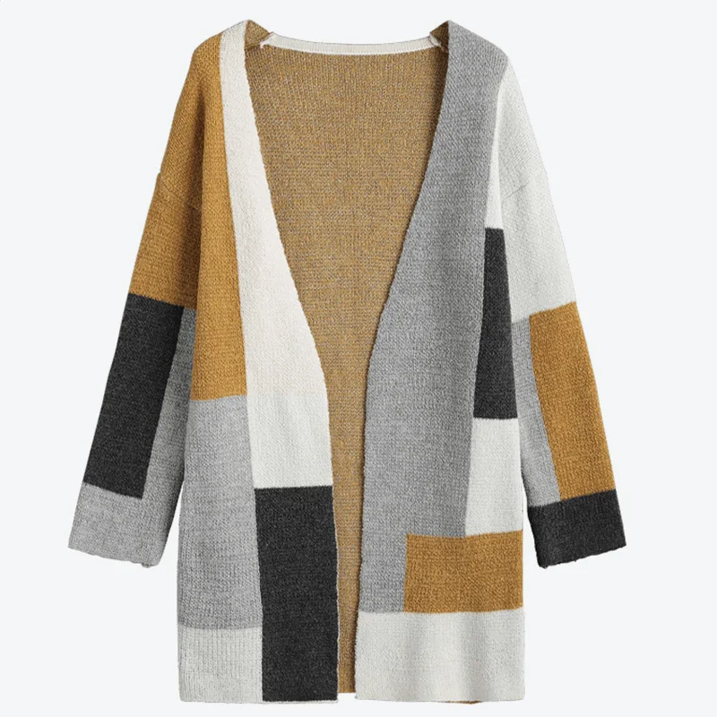 

Patchwork Long Sleeve Women Knitted Sweaters Pockets Women Cardigan 2019 Autumn Winter Loose Outwear Casual Clothes Female Coats