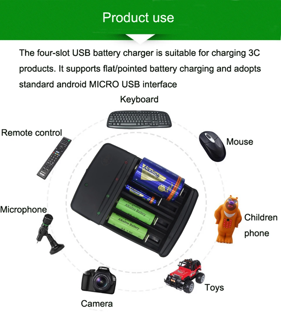 4 слота Смарт USB зарядное устройство для перезаряжаемых C D SC N A AA AAA AAAA 1,2 в NiMh NiCd 1,5 В щелочная батарея зарядное устройство