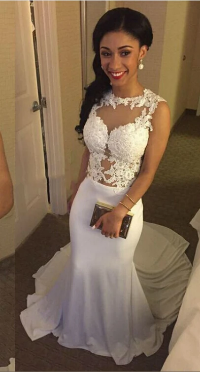 227 Long Elegant Mermaid Evening Dresses Formal Appliques Beads White Sheer Neck Prom Party Gowns Custom Made (2)