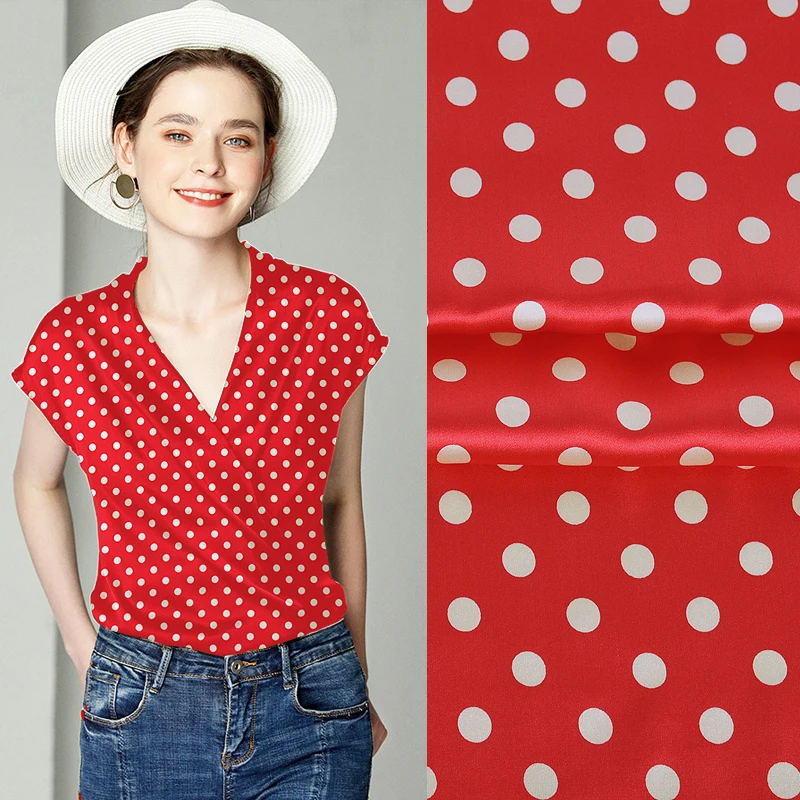 

108CM Wide 19MM Beige Polka Dots Print Stretch Red Silk Satin Fabric Good for Summer Dress Skirt Shirt Pants JH156