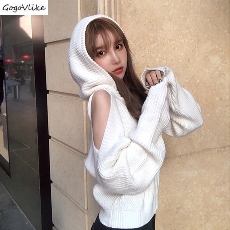 

Open Shoulder White Crochet Knitted Cardigan Women Long Sleeve Winter Coat Hooded Ladies Sweater Jumpers Short Korean SA157S50