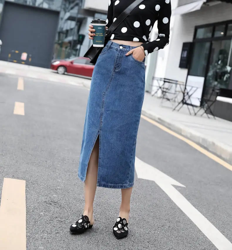 Women Plus Size Front Split Office Lady Straight Denim Skirts 7Xl 8Xl Spring Summer Mid Long Jeans Skirts Mid-Calf Mom Jeans