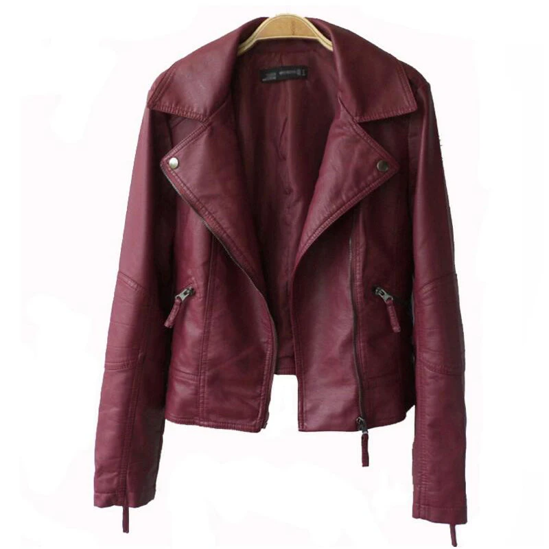 Autumn Women Leather Jacket Black Wine Red Turn down