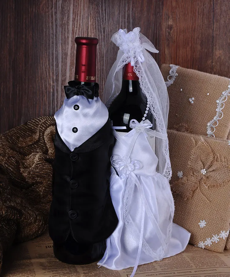 

40pcs=20 sets Handmade High Quality Wine Glass Champagne Bottle Bride And Groom Costume Goblet Covers Wedding Party Decoration