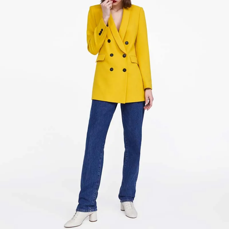 Yellow Shawl Collar Double Breasted Blazer Women Buttons Long Blazer 2019 Spring Elegant Ladies Workwear Solid Jackets AO922