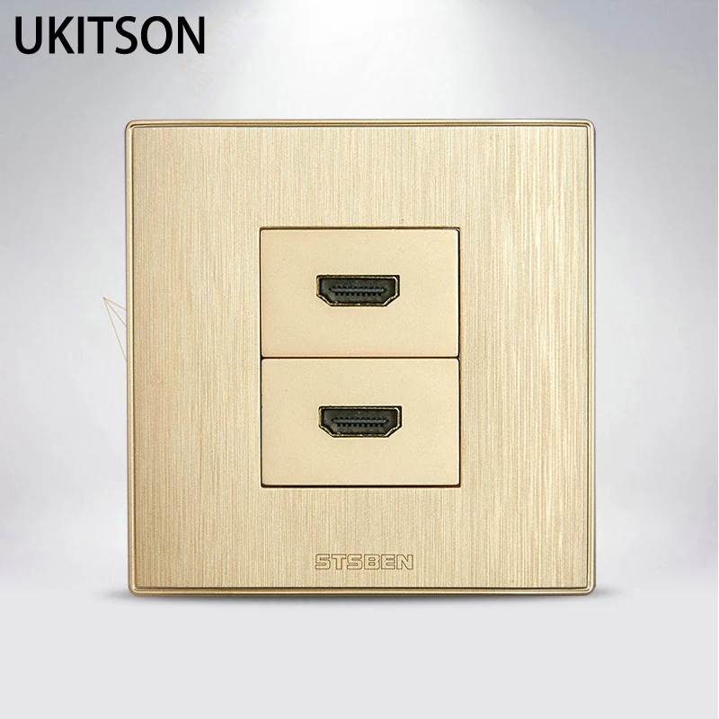 

L Shape Dual HDMI1.4 Wall Outlet Gold Color HDMI Socket Face Cover 86x86mm