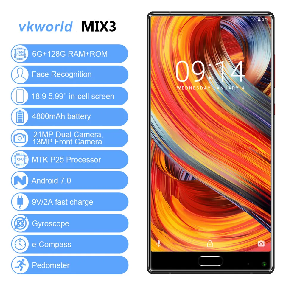5 99 дюймов VKworld смешать 3 MTK P25 18:9 Face ID 4800 мАч Быстрая зарядка 6 ГБ Оперативная память