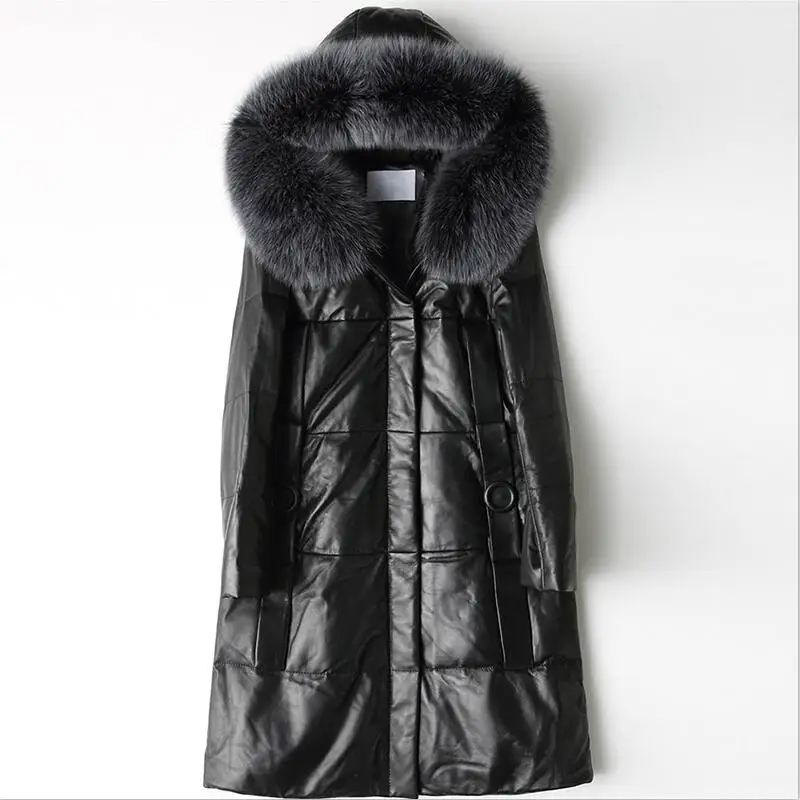 Новинка, модный Женский приталенный пуховик, корейский стиль, длинный рукав, Лисий мех, с капюшоном, верхняя одежда, роскошная, натуральная кожа, длинное пальто, M-3XL - Цвет: Black