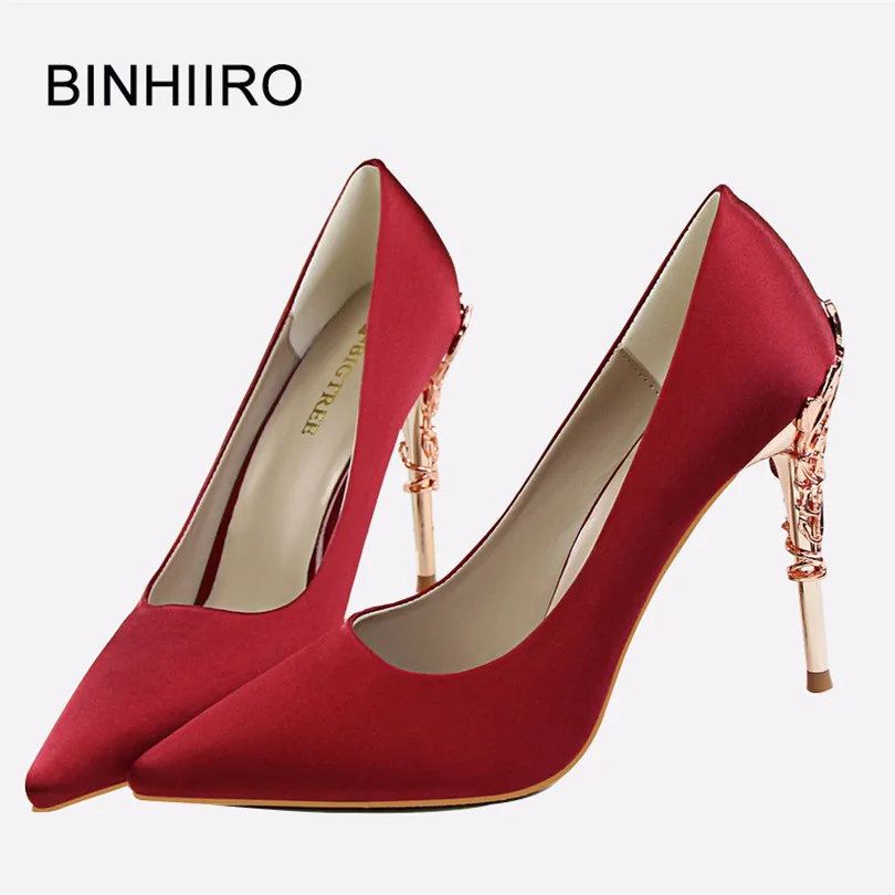 

BINHIIRO Woman Satin Pumps Pointed Toe Thin Metal Decoration High Heels Wedding Shoes Elegant Pumps For Women Party Shoes