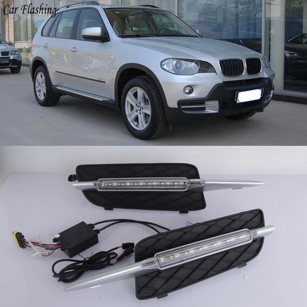 Автомобильная проблесковая 1 пара дневные ходовые огни для BMW X5 E70 2007 2008 2009 2010 Габаритные огни Дневной светильник авто светодиодный противотуманная фара светильник крышка