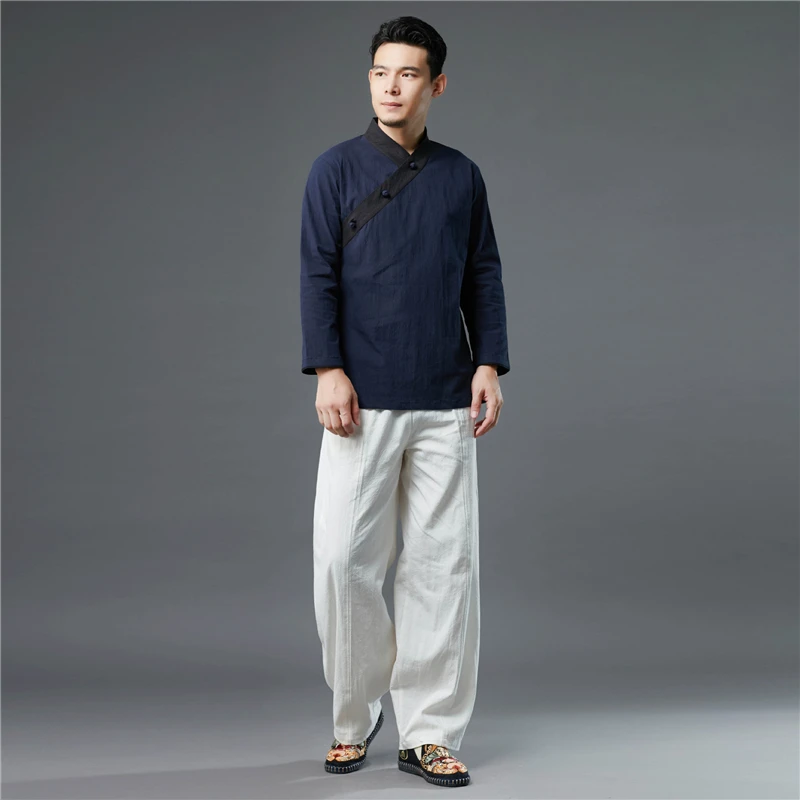 Hisenky Мужская рубашка 2019 весна осень Китайская традиционная рубашка три ткани Пряжка Hanfu v-образный вырез контрастный цвет национальные