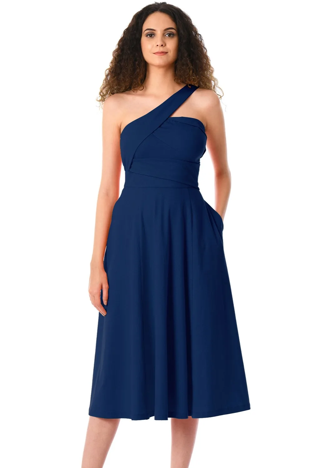Elegant One Shoulder Sleeveless Mid Calf Dresses Vestido Mujer Black Navy Asymmetric Back Zipper
