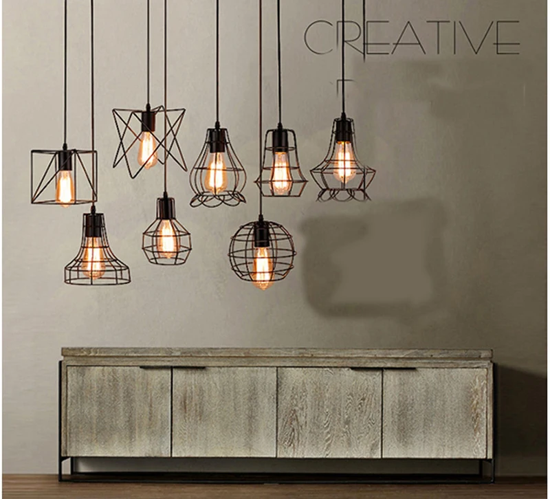 Gaiola de Ferro do Vintage Hall de Entrada e sala de Jantar e corredor e café 8 tipo Gaiola Pingente Pendurado Luzes 110 V 220 v E27 Pintado Luz Luminárias 8 Luzes de pendentes