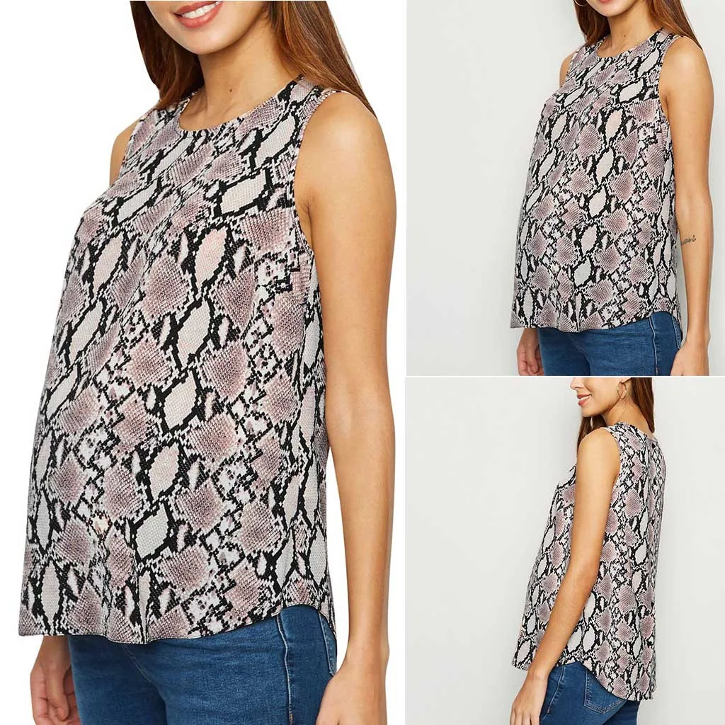 

CHAMSGEND Maternity Tops Loose Pregnancy Blouse Snake Print T-shirt Tunic Casual Sleeveless Maternity Pregnant Clothes 19May30