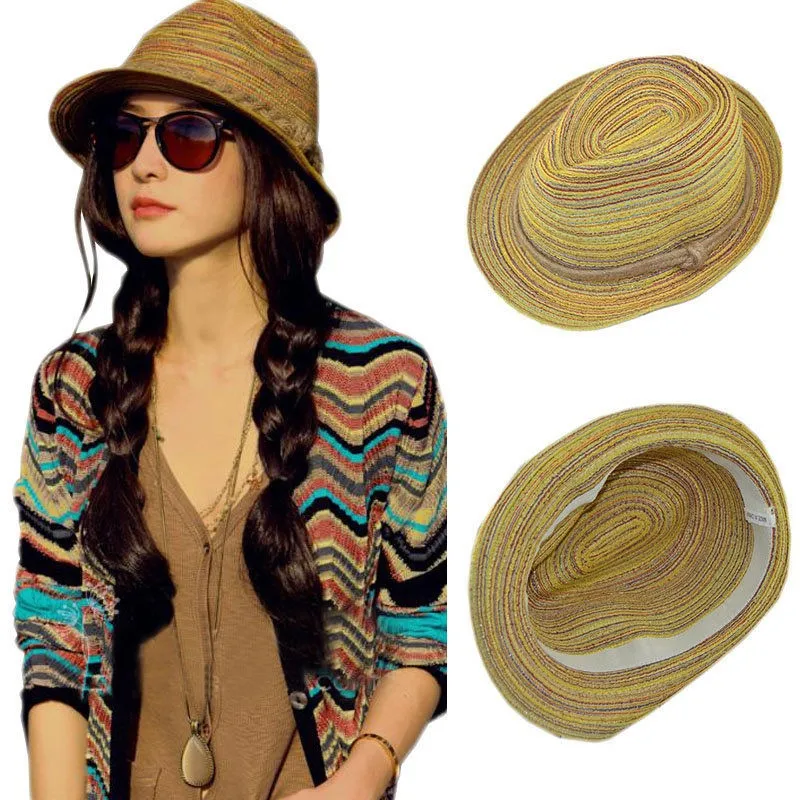 

1 pcs Popular Lady Women Beauty Colorful Striped Straw Beach Summer Sun Panama Hat Fashion Foldable cappelli pescatore
