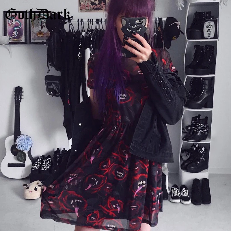 Готические женские платья с темным принтом в стиле панк, готика, Harajuku, прозрачное Плиссированное лоскутное женское платье,, модная уличная одежда, осень
