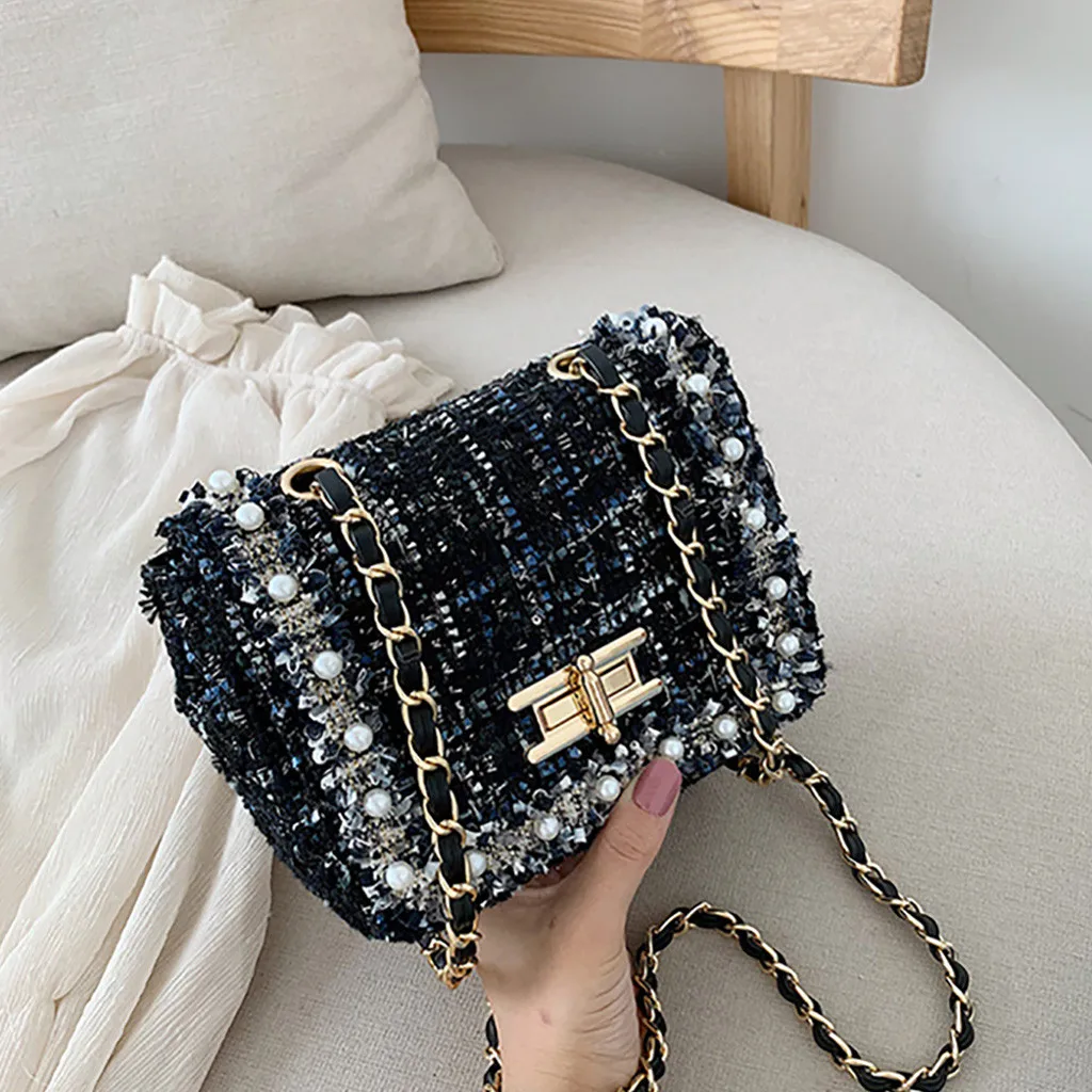 

2019 new Fashion Women Retro Weave Pearl Lace Edge Hasp Crossbody Bag Shoulder Bag