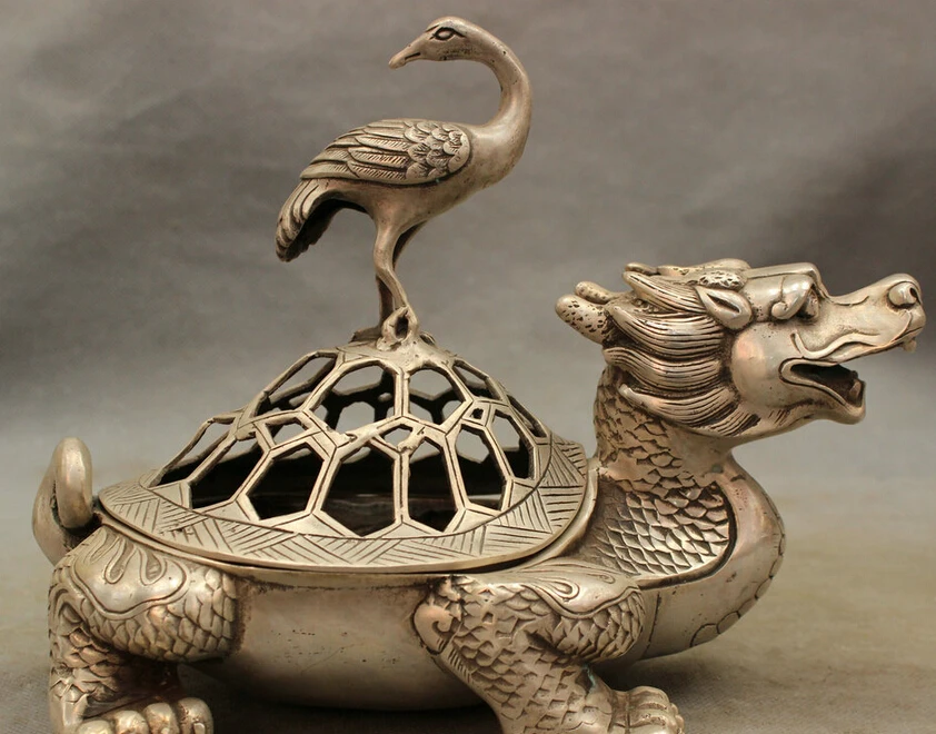 

S5396 9" Chinese Silver Copper Crane Ride Dragon Turtle Statue Incense Burner Censer D0317