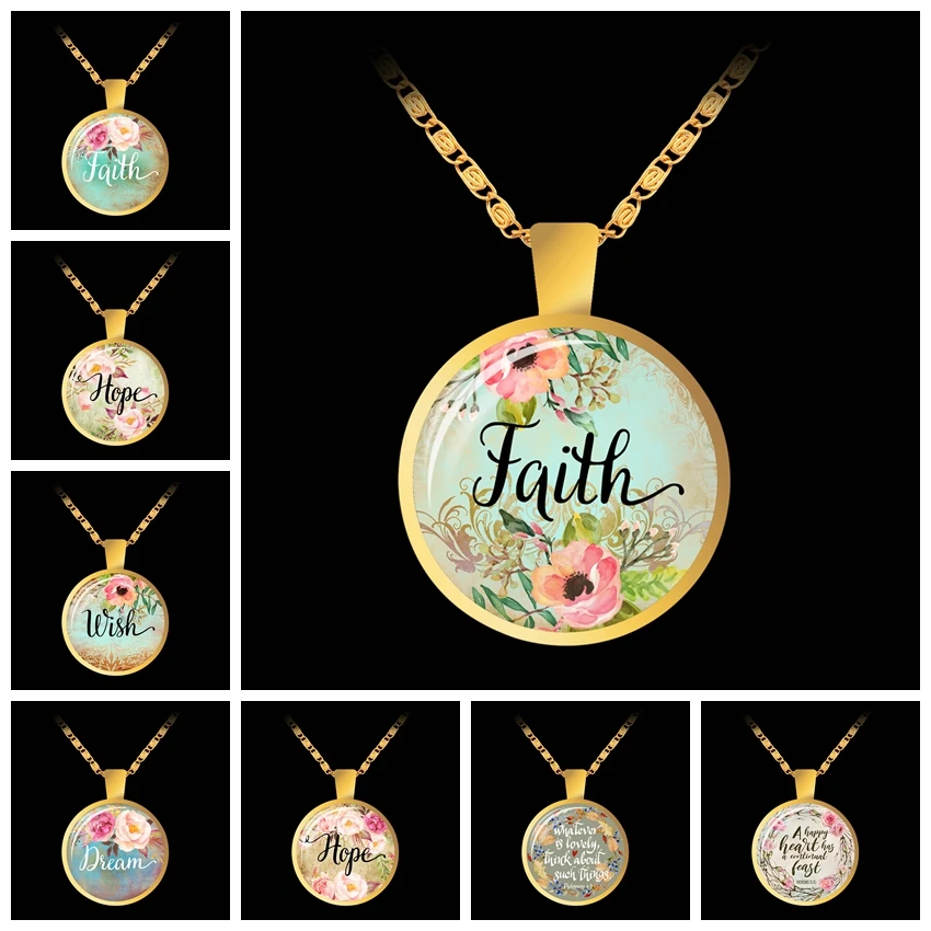 

IT Is Well Bible Verse Quote Letter Necklace Glass Dome Pendant Elegant Gold Color Chain Jewelry Best Gift for Men Women