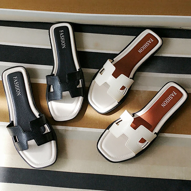 

Summer Slides Home Leather Slip Resistance Slippers Open Toe Casual Sandals Flat Heel