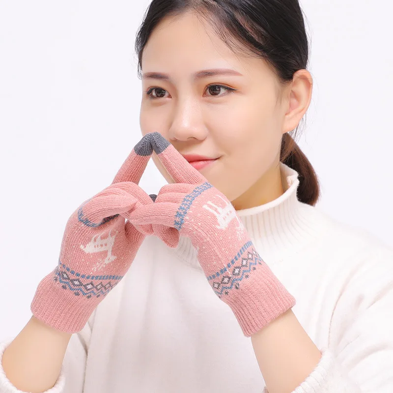Женские перчатки митенки с сенсорным экраном, зимние вязаные перчатки с лосем, теплые женские зимние перчатки, модные Осенние перчатки