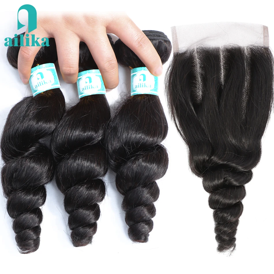 

AILIKA Loose Wave Bundles With Closure Non Remy Human Hair 3 Bundles With Closure 8-20 Inch 130% Density 4x4 Swiss Lace Closure