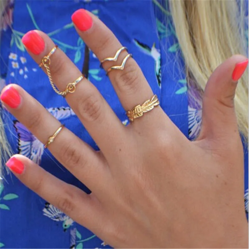 6pcs/lot New Boho Bague Homme Bijoux Gold Color Crystal Ring for Women Clear Fashion Jewelry Gift Anel Joint Rings | Украшения и