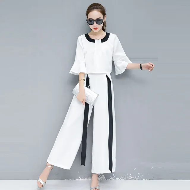 2018 Summer Fashion Casual White Pant Suits 2 Piece Set Women Flare