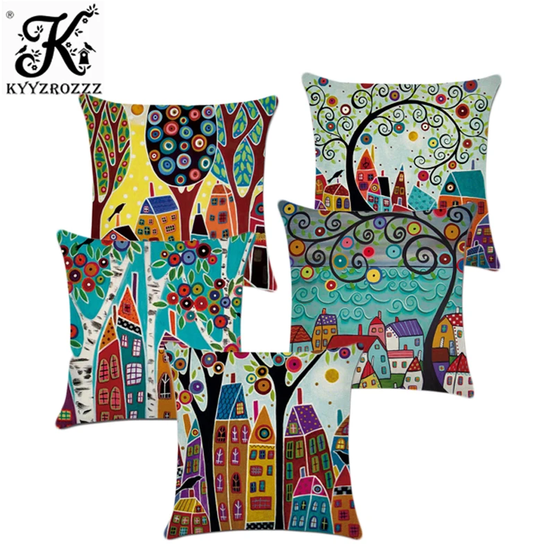 

Hand-Painted Retro Rural Color Cities 45*45cm Cushion Cover Linen Throw Pillow Car Home Decoration Decorative Pillowcase