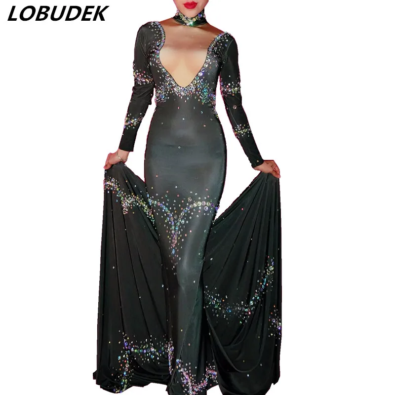 

Colorful Rhinestones Long Sleeve Trailing Dress Evening Star Singer Host Black Crystals Long Dress Stage Wear Party Show Costume