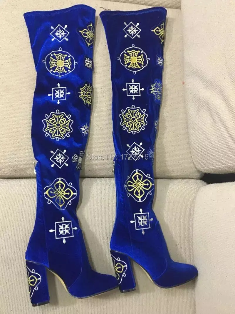 

Women Thigh High Heels Boots Blue Suede Winter Botas Mujer Embroider Over The Knee Boots Shoes Woman Pointed Toe Chaussure Femme