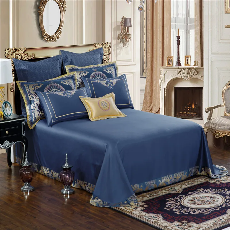 Waliicorners Blue Luxury Royal Bedding set King Queen size Bed set Embroidery Satin Jacquard duvet cover bed/flat sheet set bed cover set 13 N42A9849